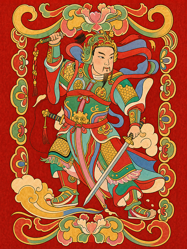 参考第二张门神年画的传统国潮色彩风格，给第一张门神线稿上色，使用浓郁鲜艳的红、金、绿传统年画配色，保持原门神造型和祥云边框不变，做成完整的门神年画效果