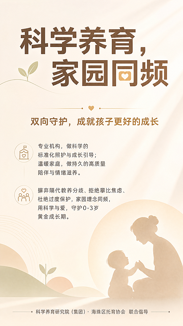 设计一张公益宣传海报，适用于家长等候区和社区服务中心。风格为极简温馨，搭配柔和光影质感，整体温暖克制，无商业化氛围。排版从上至下：顶部超大大字主标题"科学养育，家园同频"，中部中字副标题"双向守护，成就孩子更好的成长"，接着核心正文："专业机构，做科学的标准化照护与成长引导；温暖家庭，做持久的高质量陪伴与情绪滋养。摒弃隔代教养分歧、拒绝攀比焦虑、杜绝过度保护，家园理念同频，用科学与爱，守护0-3岁黄金成长期。"，底部落款"科学养育研究院（集团）· 海珠区托育协会 联合倡导"