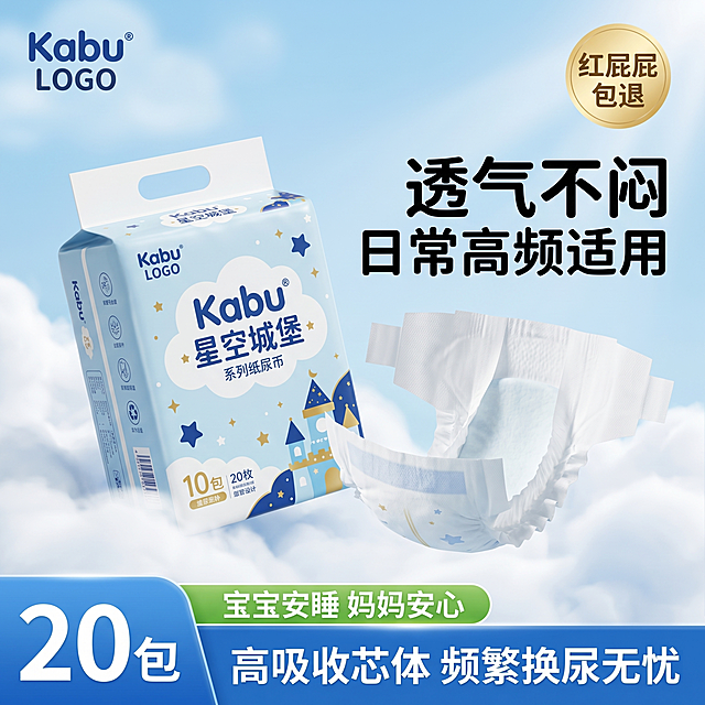 1:1 竖版电商卡布纸尿裤主图，不得改变包装设计、配色方案或品牌元素，保持产品真实哑光纸质 / 无纺布材质质感，包装斜放于画面左侧，拉拉裤实物置于包装右侧，主体居中突出；背景为清新明亮的浅蓝渐变天空搭配蓬松白云，营造干净治愈的母婴氛围；画面右上方用黑色圆润粗体无衬线字体标注主标题 "透气不闷 日常高频适用"，左上角放置卡布品牌 LOGO，右上角添加金色圆形卖点标签 "红屁屁包退"，画面底部设置贯穿全版面的蓝色通栏，左侧标注醒目的白色数量 "20包"，右侧标注 "高吸收芯体 频繁换尿无忧"，通栏上方搭配绿色圆角标签 "宝宝安睡 妈妈安心"，所有文字格式统一清晰；整体光影柔和通透，8K 超高清写实摄影质感，细节细腻真实，风格统一无割裂，视觉冲击力强，完美适配电商主图呈现严格还原卡布 kabu 星空城堡系列产品图，包括包装设计、颜色、LOGO 位置、文字内容、图案元素等所有细节，产品外观必须与参考图完全一致，不得改变包装设计、配色方案或品牌元素，保持产品真实哑光材质质感。整体视觉简洁高级，卖点突出，8K 超高清，风格统一无割裂，所有中文文字格式完全统一。负面提示：禁止产品变形，禁止修改包装元素，禁止模糊色差，禁止多余元素，禁止文字乱码，禁止风格割裂，禁止低分辨率，禁止规格标注错误。