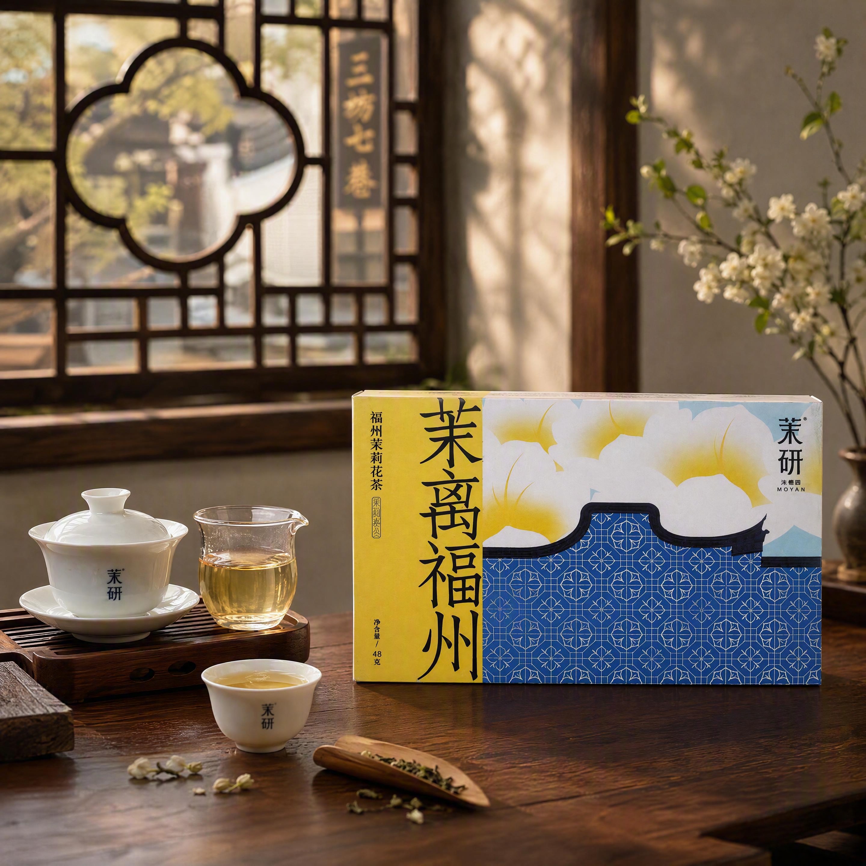 茉研福州茉莉花茶礼盒场景图，礼盒放置在中式木质茶桌上，旁边有白… - 图片创意预览