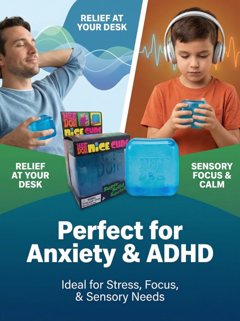 欧美跨境电商详情页第四张，3:4比例，主体是原图中的蓝色Nee Doh Nice Cube捏捏乐感官挤压玩具，产品严格保持原样不变，非白底背景，使用切片设计风格，产品不被切割，突出英文介绍"Perfe预览效果