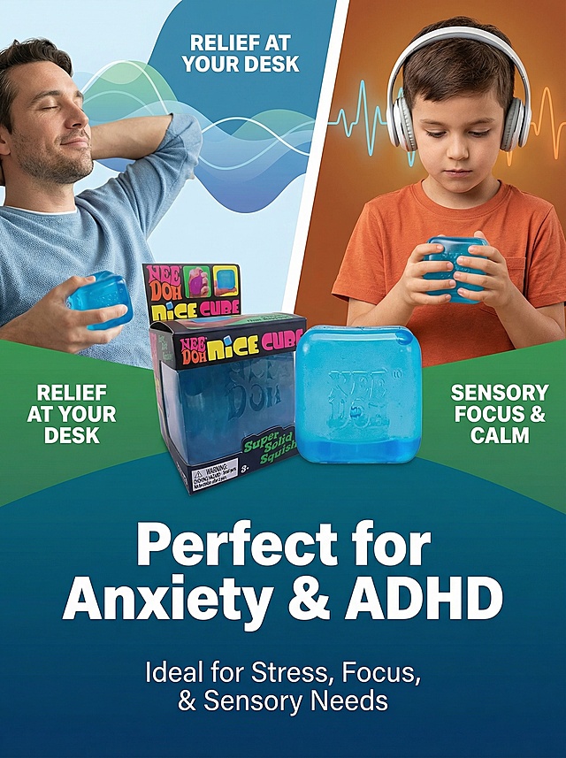 欧美跨境电商详情页第四张，3:4比例，主体是原图中的蓝色Nee Doh Nice Cube捏捏乐感官挤压玩具，产品严格保持原样不变，非白底背景，使用切片设计风格，产品不被切割，突出英文介绍"Perfect for Anxiety & ADHD", 展示产品适合焦虑缓解和感统训练的适用人群，现代跨境电商设计风格