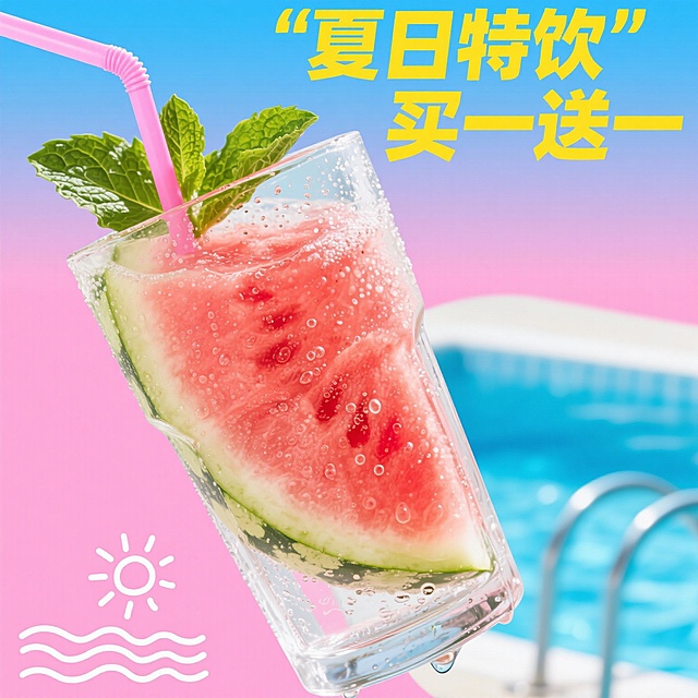 主视觉为冰镇西瓜气泡水，玻璃杯外凝满水珠，插着薄荷叶和粉色吸管，杯身倾斜溢出少量液体，背景是渐变的粉蓝撞色（模仿天空与泳池）。右上角用粗体黄色字体写“夏日特饮买一送一”，左下角画简笔太阳和海浪图案，整体风格活泼明快，适合张贴在便利店或外卖平台