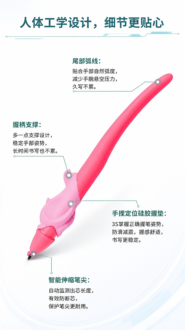 [第3屏] 核心结构解析页，引线标注好来星正姿笔各部位设计优势。本屏使用【图5】粉色正姿笔作为展示主体。
[氛围/风格] 专业解析风，白底浅蓝色调，清晰干净，科技感线条标注，商业产品解析质感。
[元素布局] 产品斜向居中放置，占画面约70%，用细绿色引线引出四个核心部位：智能伸缩笔尖、手捏定位硅胶握垫、尾部弧线、握柄支撑，每个引线对应标注部位名称和用户收益；保证产品整体外观、颜色、结构与原图完全一致。
[光影质感] 正面均匀柔光，产品保留自然阴影，线条标注清晰不遮挡产品结构，明暗层次自然。
[配色色系] 全局底色 #FFFFFF，主色粉色产品+绿色引线标注，辅助色深灰说明文字。
[视角构图] 正面平视，产品居中构图，标注分布于产品四周，不互相遮挡。
[文字版式] 顶部主标题「人体工学设计，细节更贴心」，每个标注点为「部位名称：用户收益」的短句形式，文字清晰不拥挤，字号适配手机阅读。
[比例分辨率] 9:16 竖版比例，4K分辨率，文字清晰可辨，高清画质。
[负向提示词] 产品变形，缺件错件，颜色偏差，文字重叠，文字过小，引线遮挡主体，结构错误。