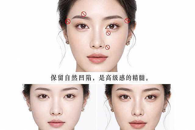 医美面部禁区示意图，白色纯净背景。上方：一张精致女性正面人脸图，用四个红色禁止符号（圆圈加斜杠）分别准确标注在四个禁区位置：1.眉上凹陷区（眉骨上方的凹陷处）；2.太阳穴（颞区，额头两侧太阳穴位置）；3.法令纹根部（鼻唇沟靠近鼻翼的根部位置）；4.泪沟根部（内眼角下方泪沟起始处）。人脸下方配文"保留自然凹陷，是高级感的精髓。"（一字不差，含句号）。下方：左右对比图，左侧标注"填平后"（面部过于饱满僵硬无立体感），右侧标注"保留自然"（面部有自然凹陷立体感强显高级）。高端医美风格，精致美观有高级感，布局清晰，无任何额外文字内容