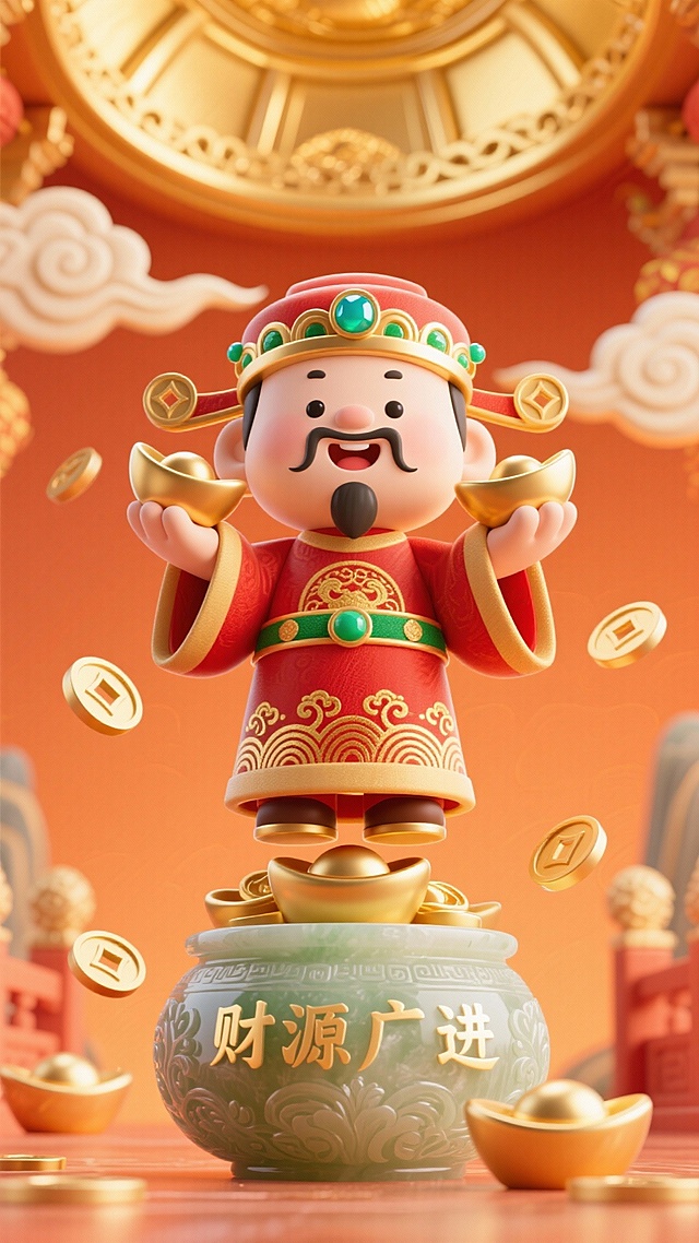 竖版Q版财神形象设计图，仰视视角；卡通财神头身比1:2.5，身着朱红绣金海水江崖纹官服（腰封嵌祖母绿），头戴镶碧玺官帽，双手向下方撒金元宝与铜钱；背景暖橙祥云接金色天宫穹顶，前景“财源广进”玉罐（雕缠枝纹）配漂浮铜钱；暖调明亮光线，华丽3D渲染，4K超精细，喜庆富贵风。
