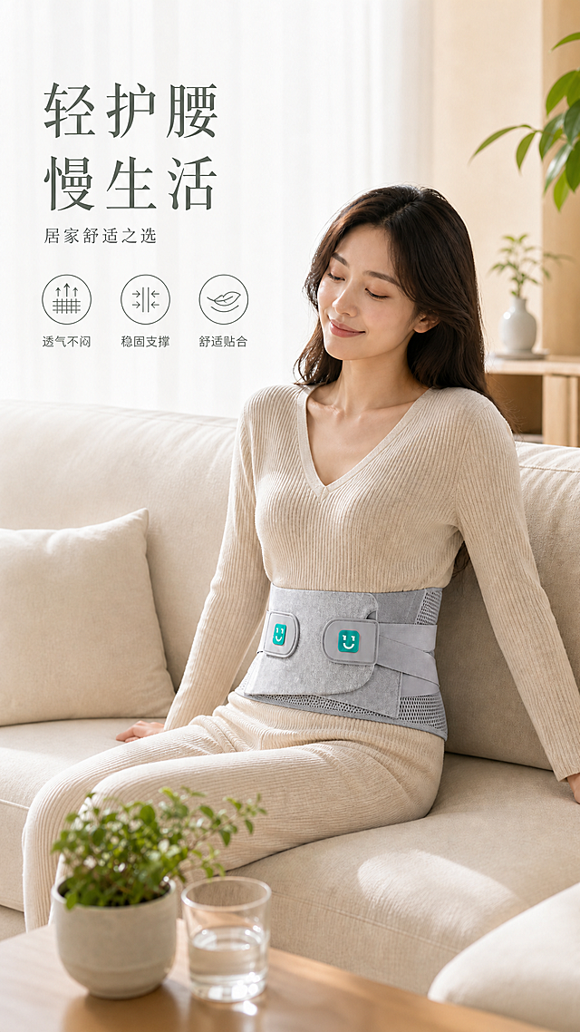 在原图基础上添加简约高级的卖点排版，保持人物和场景完全不变。

排版布局：文字和图标集中在画面左上角区域，不遮挡人物面部和护腰带主体。

主标题：「轻护腰 慢生活」 分两行竖排或横排，字体为纤细优雅的宋体风格，颜色为深灰绿色，字号较大但不突兀，位于左上角。

副文案：「居家舒适之选」 放在主标题下方，字号缩小60%，颜色为中灰色。

下方横向排列3个简约线稿图标卖点，从左到右：
1. 透气网眼图标 + 「透气不闷」
2. 双重加压图标 + 「稳固支撑」
3. 亲肤面料图标 + 「舒适贴合」

图标为极细线条风格，颜色与主标题一致，每个图标下方配小字说明，整体排版留白充足，简约高级，与画面温暖居家氛围协调统一。

文字和图标有轻微的半透明白色底衬或直接放在画面留白处，确保清晰可读但不破坏画面整体感。整体风格克制、高级、简约，文字占比不超过画面20%。