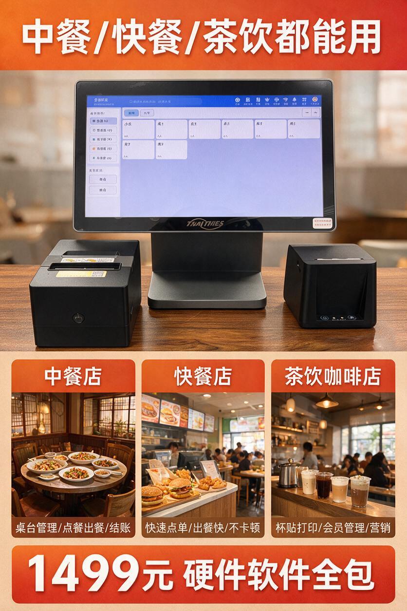 餐饮收银系统适用场景投流图，画面上方是收银机+打印机全套设备展… - 图片创意预览