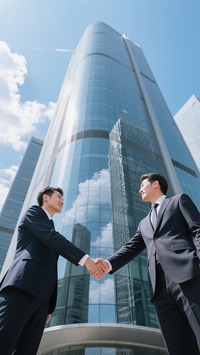 低角度仰拍，两位身着不同款式深色西装的商业伙伴于现代化玻璃幕墙摩天大楼前紧握双手，背景是晴朗天空下蓬松白云，阳光明媚，玻璃幕墙产生明亮反光与清晰倒影，构图平衡，色彩以蓝灰为主调，尽显专业、信任与希望，无文字、logo、水印