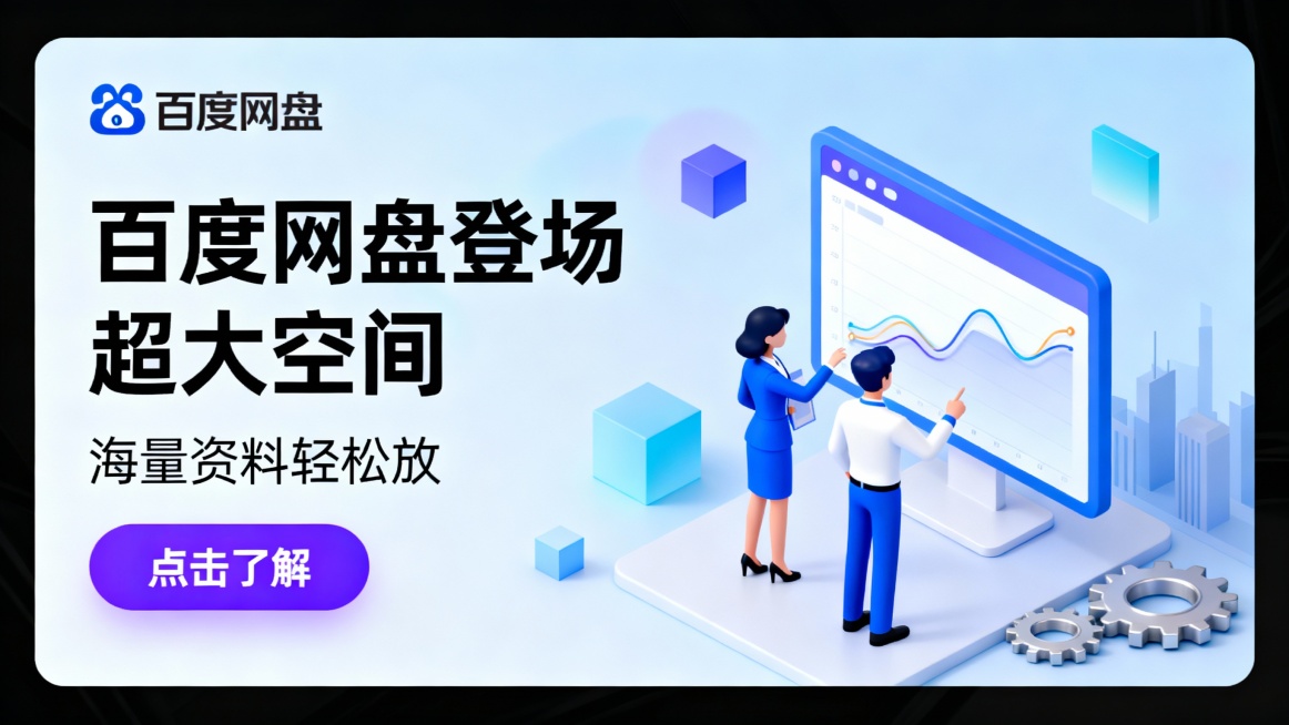 左右分栏广告版式，左侧顶部logo，大号黑色标题“百度网盘登场   超大空间”副标题“海量资料轻松放”配紫色“点击了解”按钮；右侧3D扁平化插画展示一男一女（蓝白职业装）互动数据大屏，屏幕含动态曲线与预览效果