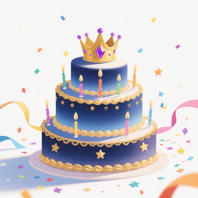 一个三层的生日蛋糕，白色背景，主体风格为现代简约风，蛋糕主体颜色改为深蓝色渐变，顶部有一个金色的小皇冠，皇冠上有一颗紫色的宝石，蛋糕的每一层边缘都有金色的星星装饰，蛋糕上插着几根彩色的蜡烛，周围有彩色的丝带和星星形状的五彩纸屑，整体画面充满了节日的氛围，色彩搭配和谐，光影效果柔和，具有插画的质感和细腻的笔触。预览效果