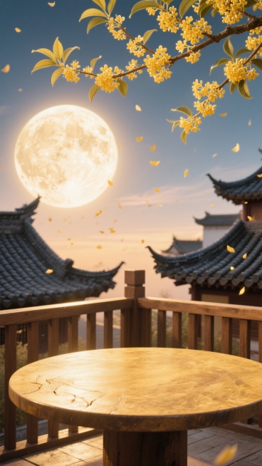 前景特写一个巨大的圆桌桌面，放置在天台的木围栏边，围栏外是巨型圆月，周围有错落的古代屋顶，上方斜伸出桂花枝，桂花飘落空中。整体温馨氛围，暖色调。预览效果