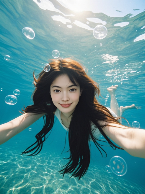 长发少女，水下写真，周围少量气泡装饰，正面视角，清透梦幻氛围，商业摄影预览效果