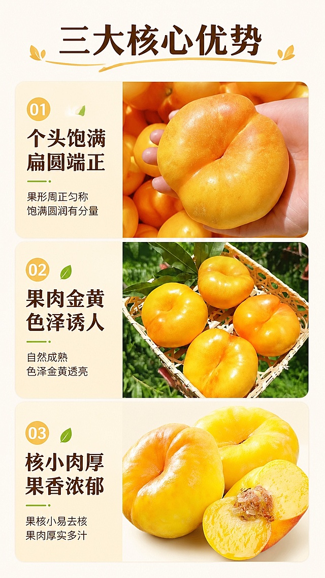 [第4屏] 核心卖点拆解，正宗平谷黄油蟠桃三大优势展示。
[氛围/风格] 干净信息风，图文搭配清晰，简约高级。
[元素布局] 画面从上到下分三个模块，每个模块搭配对应图片和卖点：顶部模块使用【图2】展示果实外观，中部模块使用【图4】展示果实大小，底部模块使用【图5】展示果核细节，每个模块产品占比约50%，卖点文字对应排列，保留各产品外观与输入图片一致，整体构图饱满不拥挤。
[光影质感] 均匀柔光照明，每个产品清晰明亮，阴影柔和。
[配色色系] 全局底色 #F9F6F0，和首屏统一，主色金黄色，辅助色绿色，字体颜色统一为深棕色。
[视角构图] 每个模块为产品特写，平视角度，清晰展示每个卖点细节。
[文字版式] 顶部总标题「三大核心优势」，每个模块配对应卖点：「个头饱满 扁圆端正」「果肉金黄 色泽诱人」「核小肉厚 果香浓郁」，每个卖点文字搭配圆角浅黄底块，字体风格与首屏保持一致。
[比例分辨率] 9:16 竖版比例，4K分辨率，文字清晰可辨，高清画质。
[负向提示词] 产品变形，文字错乱，排版混乱，颜色偏差，水印