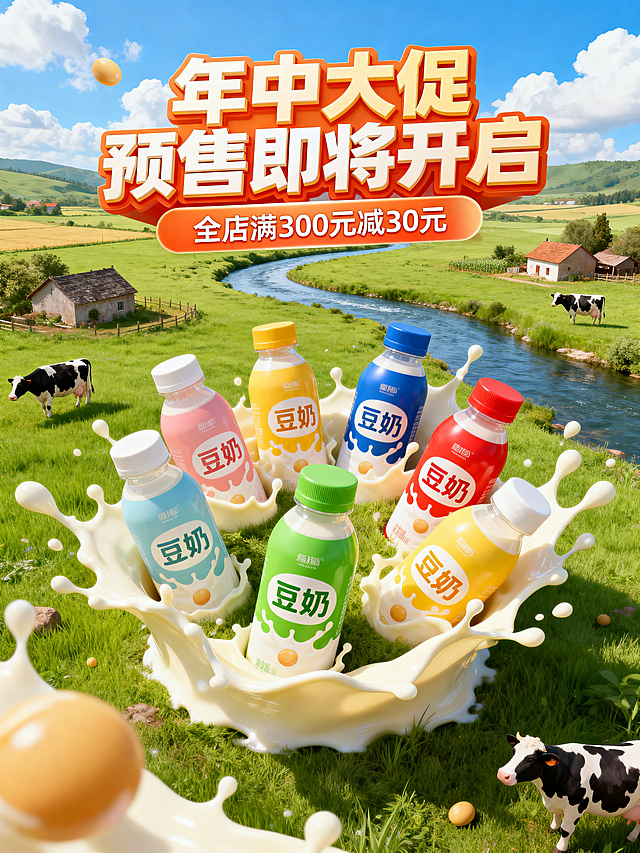 3D建模渲染风格，俯视视角，画面中心摆放不同颜色瓶装的豆奶产品，瓶身印有"豆奶"文字，被飞溅的豆奶环绕。背景是田园风光场景，有绿色草地、蜿蜒河流、乡村农舍、悠闲奶牛，搭配蓝天白云，充满自然氛围。海报上方有醒目的立体大标题"年中大促 预售即将开启"，下方标题栏写着"全店满300元减30元"。整体画面色彩明亮，饱和度高，色彩对比强烈，充满张力、活力和欢快的购物节促销氛围。