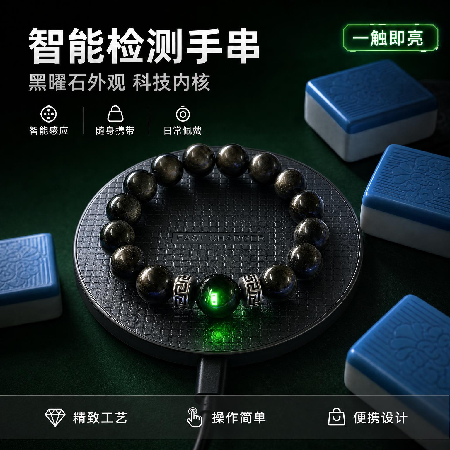 将图中黑曜石手串下方的黑色皮革质感圆形底座去除，替换为第二张图… - 图片创意预览
