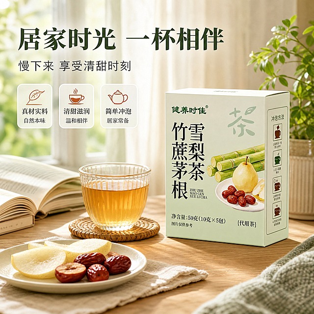 [主图-4] 场景种草：居家下午茶场景，生活方式代入感。
[统一基调] 风格=清新自然水彩风商业摄影，温润治愈；主色=浅薄荷绿+米白；标题字=宋体衬线粗体，雅致有东方感；标题字色=深墨绿；辅助字色=深暖灰；强调色=暖棕红（枣红色），仅用于小面积图标和标签；组件=圆角浅底信息卡、细线引线；光影=窗边柔和自然光，暖调明亮。
[画面] 温馨居家下午茶场景：浅色木质小桌上放着产品包装盒（正面清晰，占画面约30%）、一杯盛好的茶汤、一小盘雪梨片和红枣，旁边有一本翻开的书和一盆小绿植。背景：窗边柔和虚化的窗帘与自然光，阳光斜照进来。整体氛围慵懒治愈。景别：中景，桌面场景完整。≥3层视觉层次：前景桌面物品、中景产品与茶杯、后景窗边虚化环境。
[光影质感] 窗边自然暖光，柔和阴影，物品有真实接触阴影，场景氛围感强。
[配色] 浅薄荷绿+米白+暖木色，整体温馨清新。
[文字版式] 左上主标题：「居家时光 一杯相伴」，副标题：「慢下来 享受清甜时刻」；文字横排，字号适中，不遮挡产品主体。
[输出要求] 比例1:1，2048×2048，2K，文字清晰，场景真实自然；负向：变形、错字、模糊、杂乱、水印、平台Logo、功效词、医疗表述、内包小袋展示、冷蓝灰背景、场景不真实。