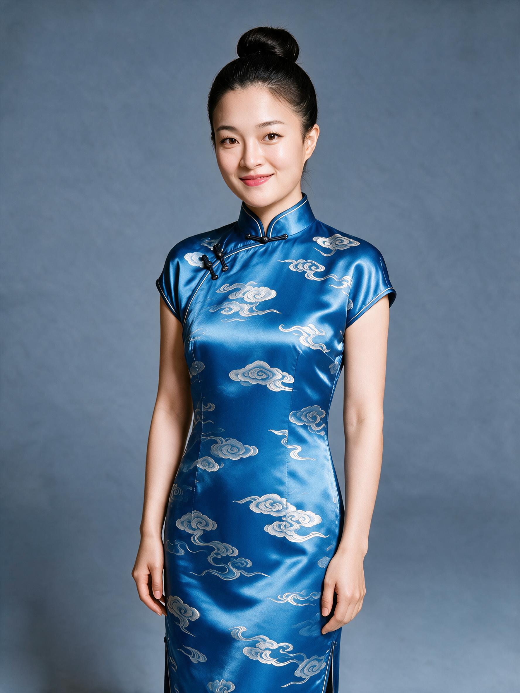 将旗袍颜色改为明亮的亮蓝色，云纹图案保持精致，去掉耳边的小碎发… - 图片创意预览