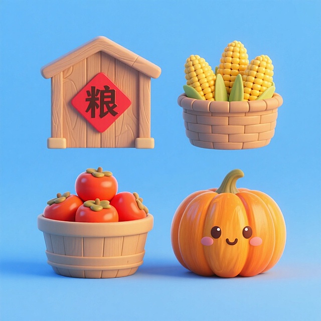 4个中秋素材组合，可爱电商促销感。素材包括：第一个粮仓（贴着带有 “粮” 字的红色菱形福字）；第二个一筐玉米；第三个一筐柿子；第四个南瓜。画面整体呈现鲜艳效果，淡蓝色背景。上下两行，排列整齐