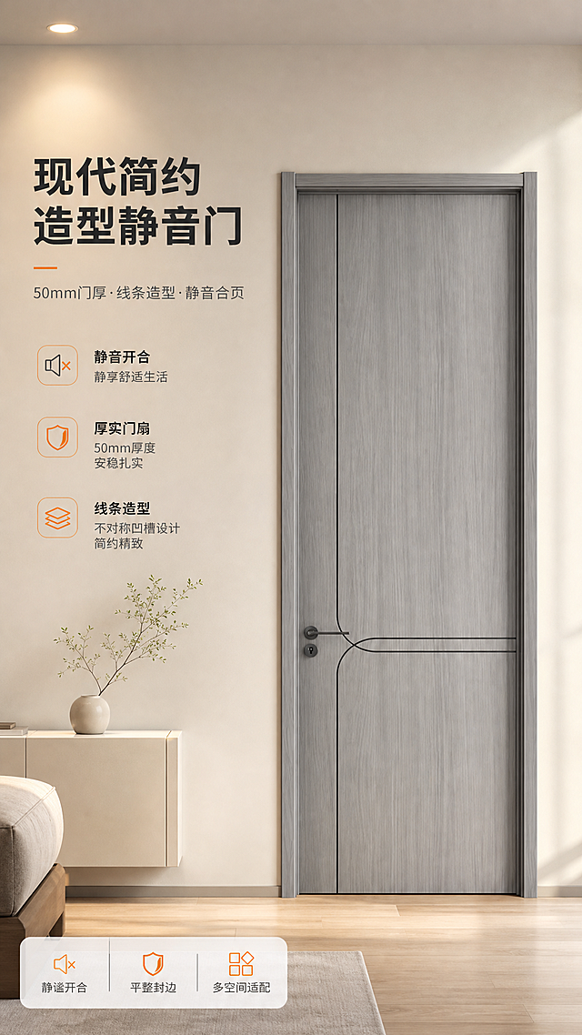 [商品] 使用【图35】灰木纹造型室内木门正面图；严格保留门面不对称装饰凹槽线条（左侧竖向凹槽自上而下，至中下部与横向凹槽交汇并柔和弧形过渡）、灰木纹饰面、银灰色门套线条、黑色球形执手与锁孔，清晰化表面质感，不得改变凹槽走向、结构、颜色与执手造型。
[画面] 目标建立“静音、厚实、线条感”第一印象；门体位于画面偏右、占画面约65%，关闭状态正面展示，左前暖白墙面、浅木地板家居门洞场景，顶部射灯与右前侧自然光形成柔和光影，门底自然接触阴影，背景微虚化。
[视觉] 套系策略：风格=现代高端家居商业摄影；标题字=现代无衬线粗体；正文字=简洁现代无衬线体；主色=灰木色；背景延展=暖白至浅暖灰细腻渐变、哑光墙面质感；强调色=暖橙色，仅用于小面积图标、引线、标签和局部光效；标题色=深炭黑；正文色=中暖灰；组件=圆角浅色信息卡、细线引线、圆角小图标；光影=右前侧暖柔光、室内自然光。
[文字] 右上留白区主标题“现代简约造型静音门”，副标题“50mm门厚·线条造型·静音合页”，底部左侧信息卡放“静谧开合|平整封边|多空间适配”，全部横向排版，不遮挡门体、凹槽线条与执手。
[规格] 9:16竖版，4K画质，避免门体变形、凹槽线条消失或错乱、执手变形、颜色改变、错字、竖排文字、冷蓝背景、电商平台Logo/水印、绝对化用语。