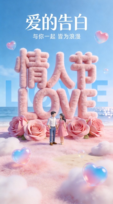 修正底部文字为“情人节快乐”及“情人节礼遇”，移除“云朵节沙滩”文字，保持极简主义时尚3D超写实海报风格，3D立体毛绒质感场景，主体是巨大的粉色毛绒“情人节 LOVE”立体字，前方有一对迷你情侣人偶，预览效果