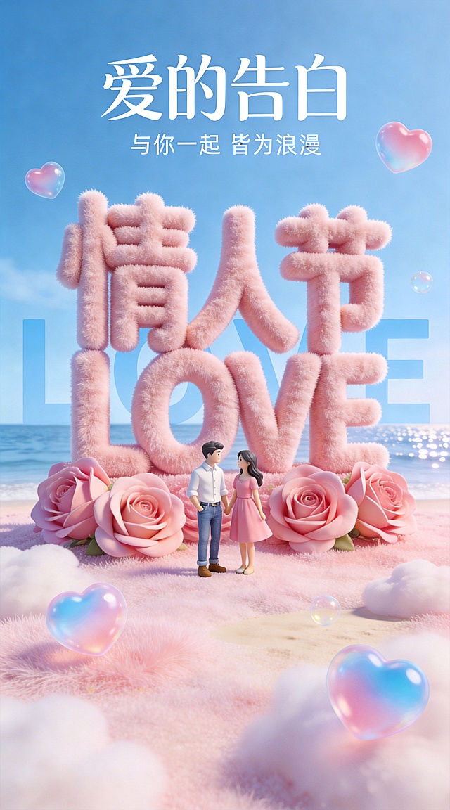 修正底部文字为“情人节快乐”及“情人节礼遇”，移除“云朵节沙滩”文字，保持极简主义时尚3D超写实海报风格，3D立体毛绒质感场景，主体是巨大的粉色毛绒“情人节 LOVE”立体字，前方有一对迷你情侣人偶，男生穿白衬衫牛仔裤，女生穿粉色连衣裙，周围环绕大朵粉色毛绒玫瑰。背景是浅蓝色天空与波光粼粼的海面，地面是粉色毛绒质感的“云朵沙滩”，漂浮着粉蓝渐变的爱心气泡，背景还有淡蓝色的“ LOVE”字样。顶部是白色艺术字体“爱的告白”，下方小字“与你一起 皆为浪漫”，整体风格治愈温馨，色彩柔和治愈，光线柔和且精准，营造出一种高级的超现实主义商业广告氛围。