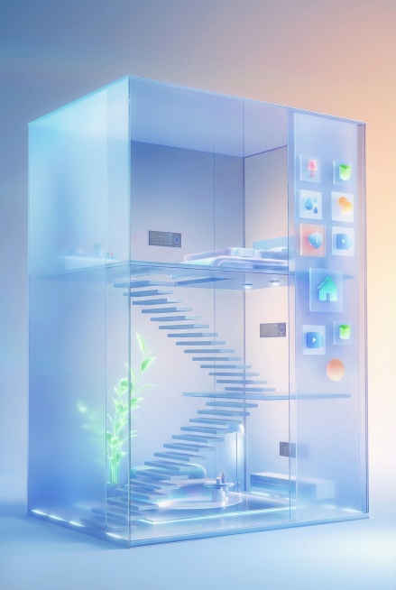 这是一个适合竖向构图的未来感智能家居空间，整体采用极简主义设计风格。以通顶的半透明玻璃作为立面，打造出高挑的纵向视觉效果，从底层的客厅延伸至顶层的睡眠区，中间用悬浮式直梯连接，强化竖向层次。空间右侧悬预览效果