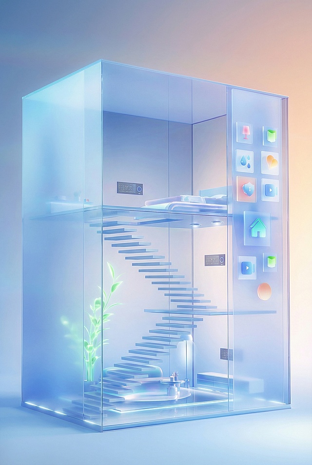 这是一个适合竖向构图的未来感智能家居空间，整体采用极简主义设计风格。以通顶的半透明玻璃作为立面，打造出高挑的纵向视觉效果，从底层的客厅延伸至顶层的睡眠区，中间用悬浮式直梯连接，强化竖向层次。空间右侧悬浮着一竖排半透明的全息交互界面，包含房屋、水滴、盾牌、播放按钮等智能家居控制图标，与竖向构图完美呼应，营造出强烈的科技感。
画面整体色调以渐变的冰蓝色和淡紫色为主，融入柔和的暖橙色渐变背景，冷暖色调相互平衡，营造出通透、轻盈且温馨的氛围。采用柔和的漫射光照明，结合半透明的磨砂玻璃材质，使整个场景呈现出毛玻璃般的朦胧美学与高光泽质感。背景为纯净的渐变色彩，在楼梯旁点缀一株向上生长的极简风格发光绿植，进一步强化纵向延伸感。整体画面呈现出柔和、梦幻的科技美学，具有极简、通透、轻盈的视觉特征。