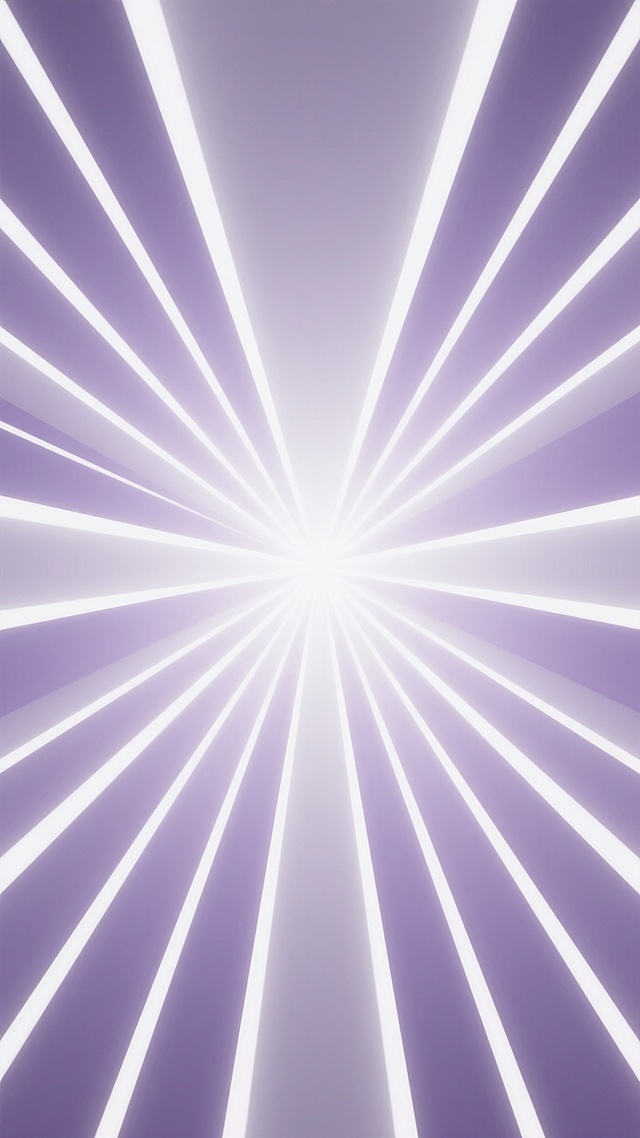 中心对称的放射光背景，从中心点向外发散出多组宽窄不一的白色光线，光线之间填充着从中心白色渐变为边缘浅紫色的渐变色彩，整体呈现出明亮、简洁、现代的几何抽象风格，色彩过渡平滑自然，光线线条锐利清晰，营造出强烈的视觉张力和空间延展感。