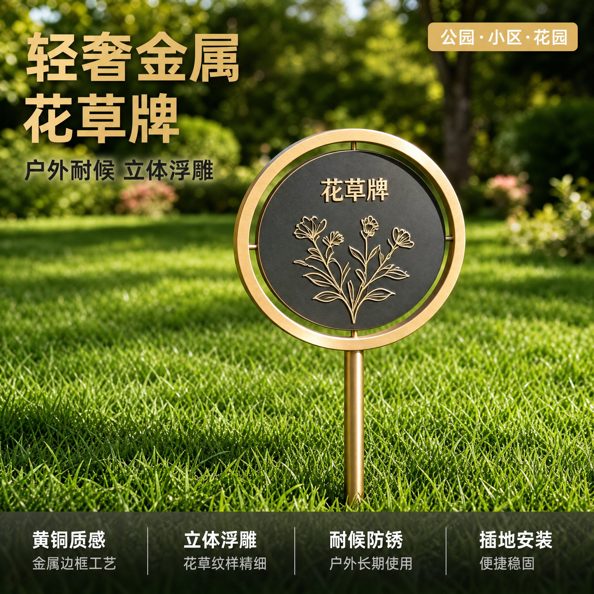 [主图-1] 轻奢金属花草牌草坪标识牌首图，突出高端质感与户外… - 图片创意预览
