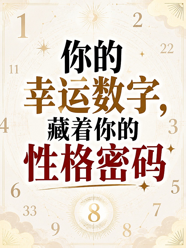 标题：你的幸运数字，藏着你的性格密码

正文：

你有没有发现，有些数字就是让你莫名地舒服？

比如手机号里带1或6的人，总感觉做事很顺。选楼层时，有些数字本能地想避开，有些数字却一眼就相中。这不是巧合。

在传统文化里，数字有自己的五行属性：

1和6属水，代表智慧、灵活、沉静。
4和9属金，代表果断、坚毅、执行力。
3和8属木，代表创造力、成长、包容。
2和7属火，代表热情、感染力、行动力。
5和0属土，代表稳重、可靠、承载力。

每个人都有自己的“喜用数字”。用对了，就像给自己加了一个隐形的能量buff。手机密码、门牌号、车牌号，都在潜移默化中影响着你每天的状态。

我有个朋友，总觉得精力不够用。后来我把他的喜用数字告诉他，他把手机密码换成了116688。过了一段时间，他说感觉确实不一样——做事顺了，人也稳了。

你最喜欢的数字是什么？

需要生成一张能发布小红书的爆款封面
