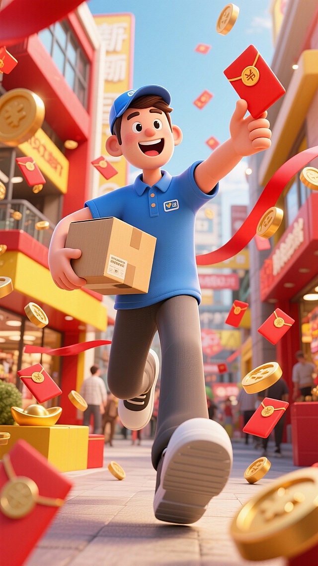 强烈镜头畸变，冲击力强，大幅度夸张动作，画面四周围绕的是很多红包和金币，身穿蓝色翻领T恤的快递员右手抱着快递箱，左手向前伸向镜头，刚刚接着一个大红包，惊喜的表情，表情开心，比例夸张，背景在室外的商场。主色调为红色和黄色。背后有红色的丝带。