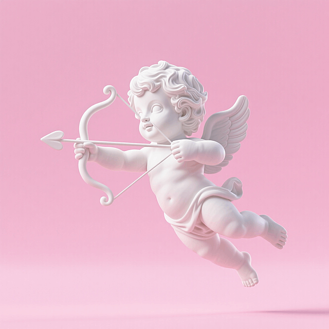 用石膏制作（纯白无丝毫瑕疵）的丘比特射出丘比特之箭，飞在半空中，浅粉色背景