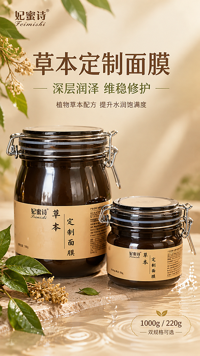 [主图-1] 首图品牌调性，妃蜜诗草本定制面膜，天然植萃护肤风格，抖音9:16竖版主图。
[统一基调] 整体风格为天然植萃护肤风，高级柔光静物摄影质感。背景主色为温润大地棕与奶油米白渐变，点缀清新草本绿色。标题字色为深棕色，辅助字色为橄榄绿，强调色为琥珀金。字体为干净优雅的非衬线体，字号层级分明，主标题最大最粗，辅助文案缩小50%以上。整体画面通透自然，有清晨柔和自然光感。
[画面] 画面中央偏下位置同时展示1000g和220g两个规格的草本面膜罐，大罐在左后，小罐在右前，形成前后层次感，产品完整不切割，主体占比约65%。产品外观与输入图一致：深棕色玻璃罐、金属卡扣密封盖、米黄色标签。背景为柔和的米棕色渐变，左上角有几片新鲜的草本绿叶和少量干花枝条自然垂落，右下角有几缕晶莹的水波纹和水滴元素，象征水润保湿。产品底部有柔和的接触阴影，自然不悬浮。左上角安全区放置品牌标识。
[光影质感] 商业美妆摄影质感，左侧45度柔光主光，右侧柔和补光，玻璃罐有自然高光反射，标签文字清晰，金属卡扣有金属光泽，整体光影柔和通透，体现产品高级质感。
[配色] 主色：大地棕、奶油米白；点缀色：草本绿、琥珀金；水滴透明质感。语义色绿色仅用于叶片和小面积点缀，不改变整体棕调主视觉。
[文字版式] 画面上半部分为文字区域，主标题大字居中："草本定制面膜"，下方副标题："深层润泽 维稳修护"，再下方小字："植物草本配方 提升水润饱满度"。右下角标注规格："1000g / 220g 双规格可选"。文字均放在负空间，不遮挡产品主体。
[输出要求] 比例9:16，文字清晰可读，产品清晰不变形，无错字，无杂乱背景，无水印，无平台Logo，无多余装饰元素。