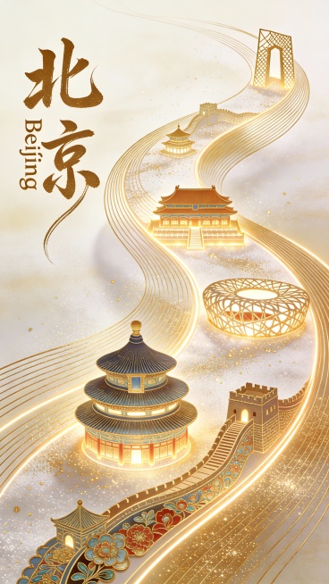 曲线构图，晕染，金色丝线层层叠叠组成的蜿蜒曲线中融合进抽象的立体内发光镂空鎏金极小的北京标志性建筑结合珐琅彩工艺构成，（北京的相关元素如天坛、故宫、长城、鸟巢等 ，大面积留白，细小的金粒子点缀，细节精预览效果