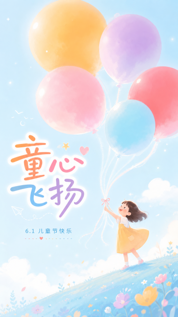 竖版六一儿童节海报，清新治愈插画风。淡蓝色渐变背景，小女孩站在浅蓝坡面上，牵着几只巨大的渐变气球（橙黄、粉紫、红、浅蓝），气球线条朦胧柔和如同漂浮的云朵，整体色彩明亮温暖，低饱和马卡龙配色，搭配简约节预览效果