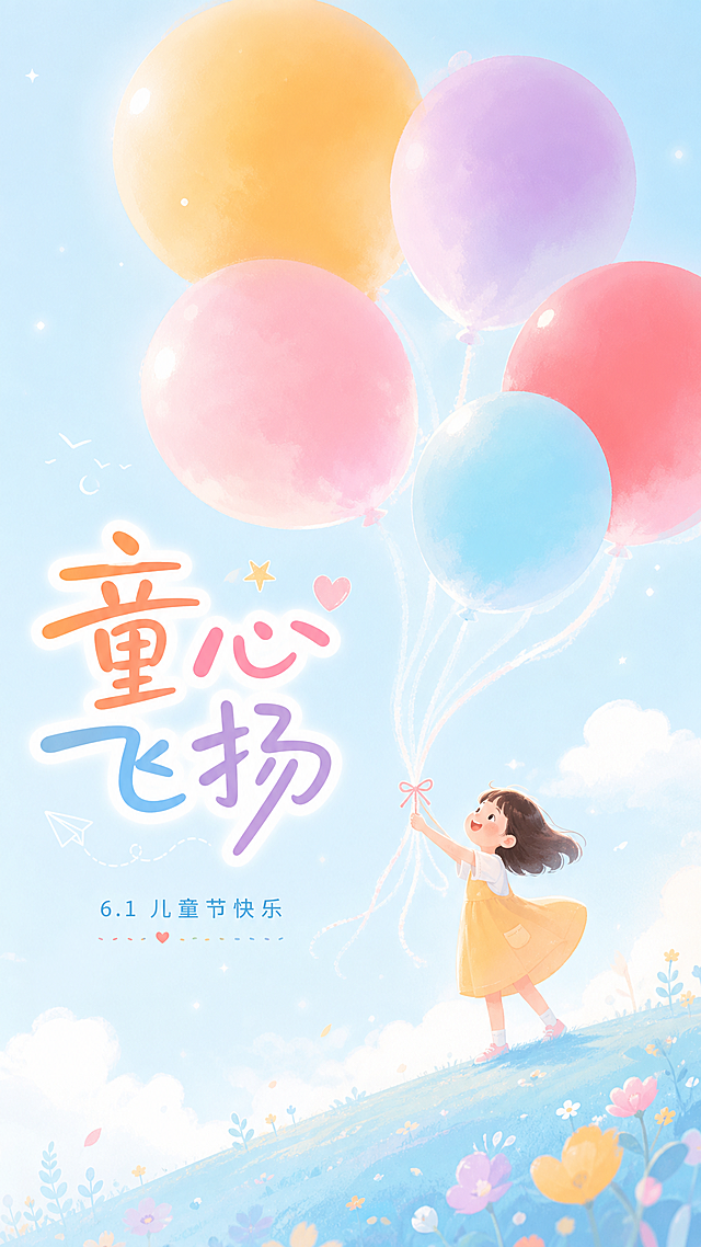 竖版六一儿童节海报，清新治愈插画风。淡蓝色渐变背景，小女孩站在浅蓝坡面上，牵着几只巨大的渐变气球（橙黄、粉紫、红、浅蓝），气球线条朦胧柔和如同漂浮的云朵，整体色彩明亮温暖，低饱和马卡龙配色，搭配简约节日文字“童心飞扬”，传递活泼童趣。