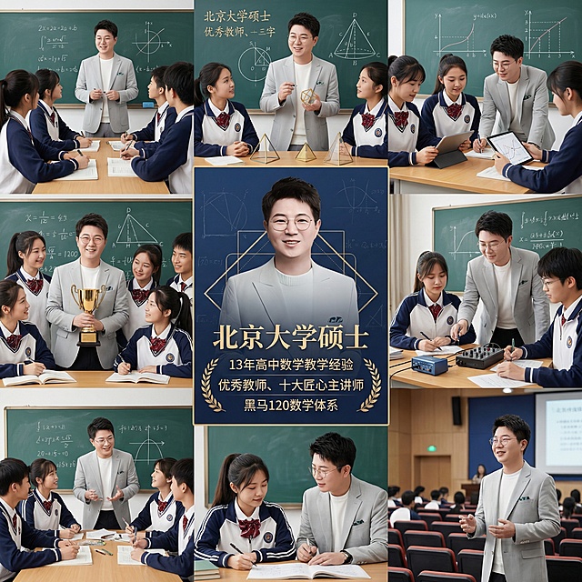 帮我生成关于高中数学的九宫格图片，要有老师和学生，老师的脸帮我设计成这张图片的，学生是中国人，添加文案：北京大学硕士  13年高中数学教学经验  优秀教师、十大匠心主讲师  黑马120数学体系 ，文案融入到中间的图片，中间的图只需要老师和文案（需要设计的好看一点）