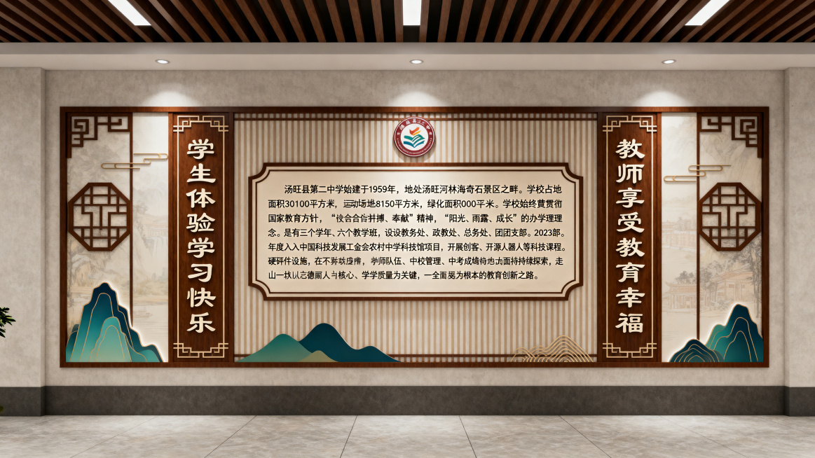 汤旺县第二中学校园门口文化墙设计，新中式风格，整体对称布局。中间区域放置学校介绍文字："汤旺县第二中学始建于1959年，地处汤旺河林海奇石景区之畔。学校占地面积30100平方米，运动场地8150平方米预览效果