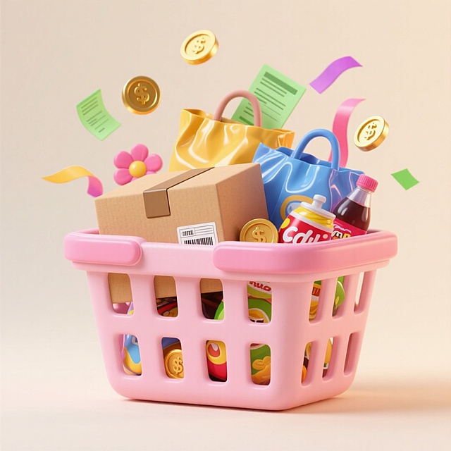 一个粉色购物篮，里面有快递盒、购物袋、零食饮料，点缀金币、彩带、票据，浅米色背景