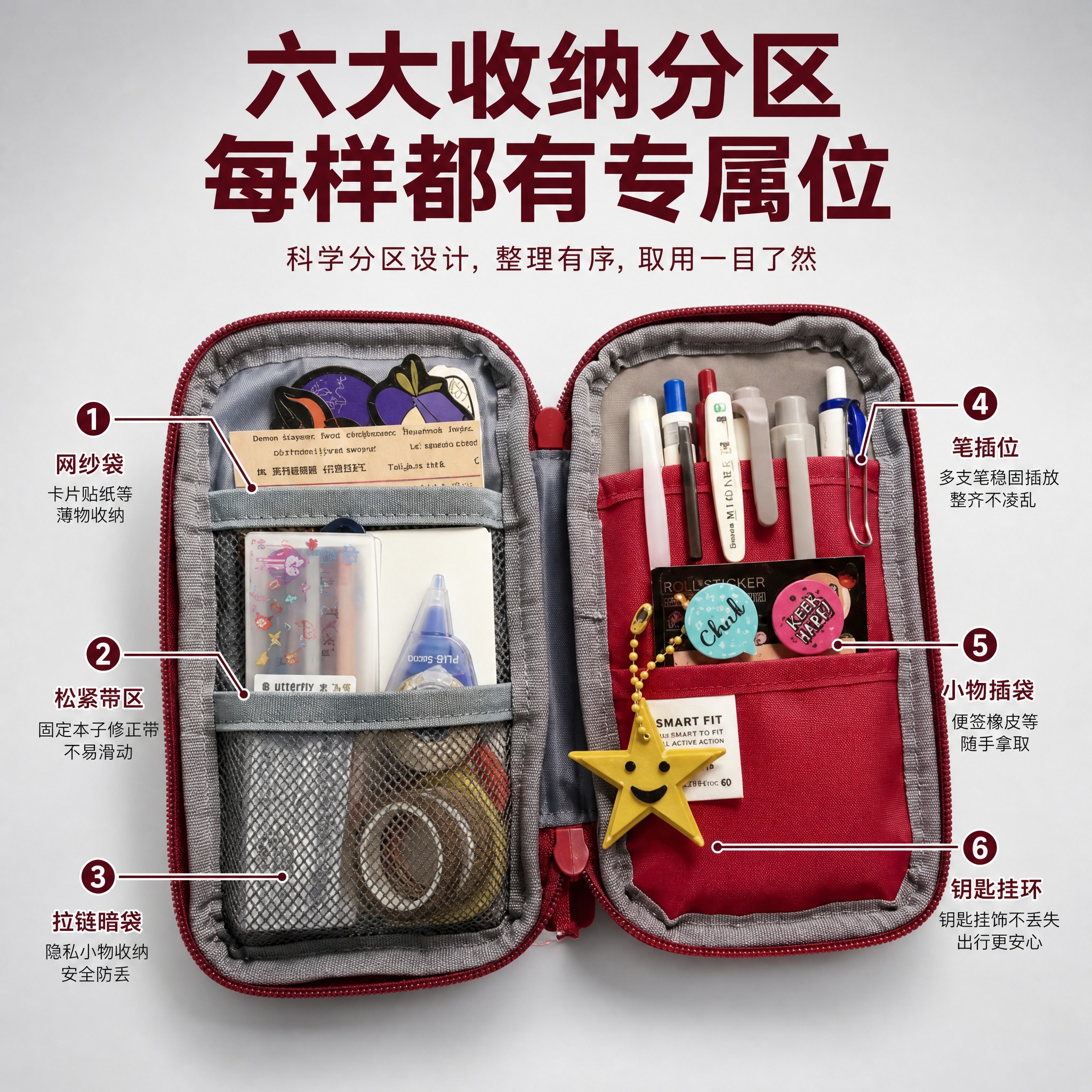电商主图卖点图，酒红色多功能文具收纳笔袋大容量分区展示。日系i… - 图片创意预览