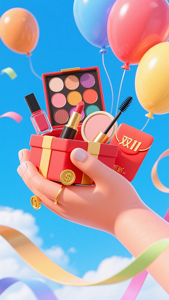 画面中心是一只托着红色礼盒的手（手部细节：带着金币戒指。礼盒细节：内部放着眼影盘、指甲油、口红、睫毛膏、面霜、粉饼、红包、写着“双11”的卡片）。背景蓝天白云，周围有气球，周围飘着彩带。画面重心偏下，平视