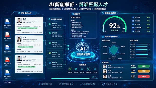 简历解析及评估概念配图，人力资源科技风格。画面左侧展示多份简历文档上传，带有个人信息、工作经历、教育背景等字段高亮提取效果。中间有AI智能解析引擎，将简历信息与岗位JD进行匹配比对。右侧展示匹配度仪表盘（如92%高度匹配）和结构化评估报告，包含能力雷达图、胜任力分析、筛选结果标签（推荐/待定/不推荐）。背景为蓝青色渐变，带有数据扫描线、文档图标和人才匹配元素，整体呈现智能招聘、AI人才筛选、简历自动化评估的专业科技感氛围