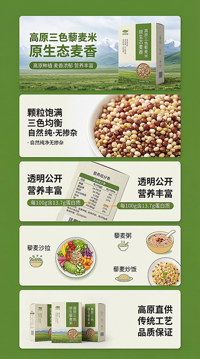 高原三色藜麦米电商商品详情页，整体风格天然健康原生态，从上到下排版：首屏 banner 展示产品包装盒，配大字标题"高原三色藜麦米 原生态麦香"和副标题"高原种植 麦香浓郁 营养丰富"；第二屏放藜麦米粒微距特写图，搭配文案"颗粒饱满 三色均衡 自然纯净无掺杂"，分三点展示核心卖点；第三屏展示产品包装细节和营养成分表，文案标注"透明公开 营养丰富 每100g含13.7g蛋白质"；第四屏展示多种食用方法，包括藜麦沙拉、藜麦粥、藜麦炒饭，配简约示意图；最后一屏放三盒产品整体展示，搭配服务承诺文案"高原直供 传统工艺 品质保证"。整体色调清新自然，绿色米白为主，文字排版层级分明，干净通透，符合食品详情页大屏展示（比例9:16）。