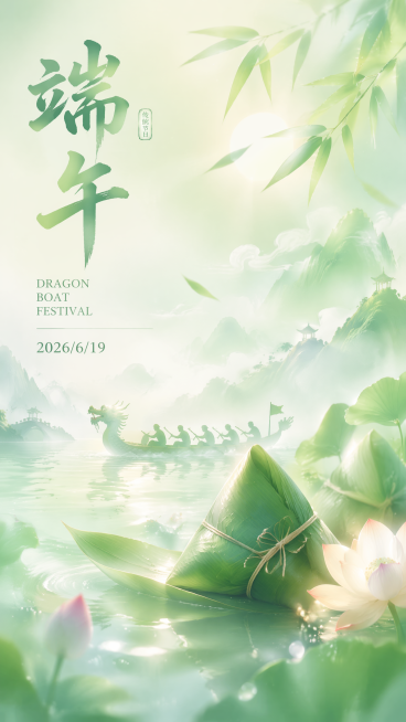 端午节海报，主色调浅绿色和白色，画面添加文字"端午""DRAGON BOAT FESTIVAL"和"2026/6/19"，整体风格梦幻弥散，氛围清新预览效果