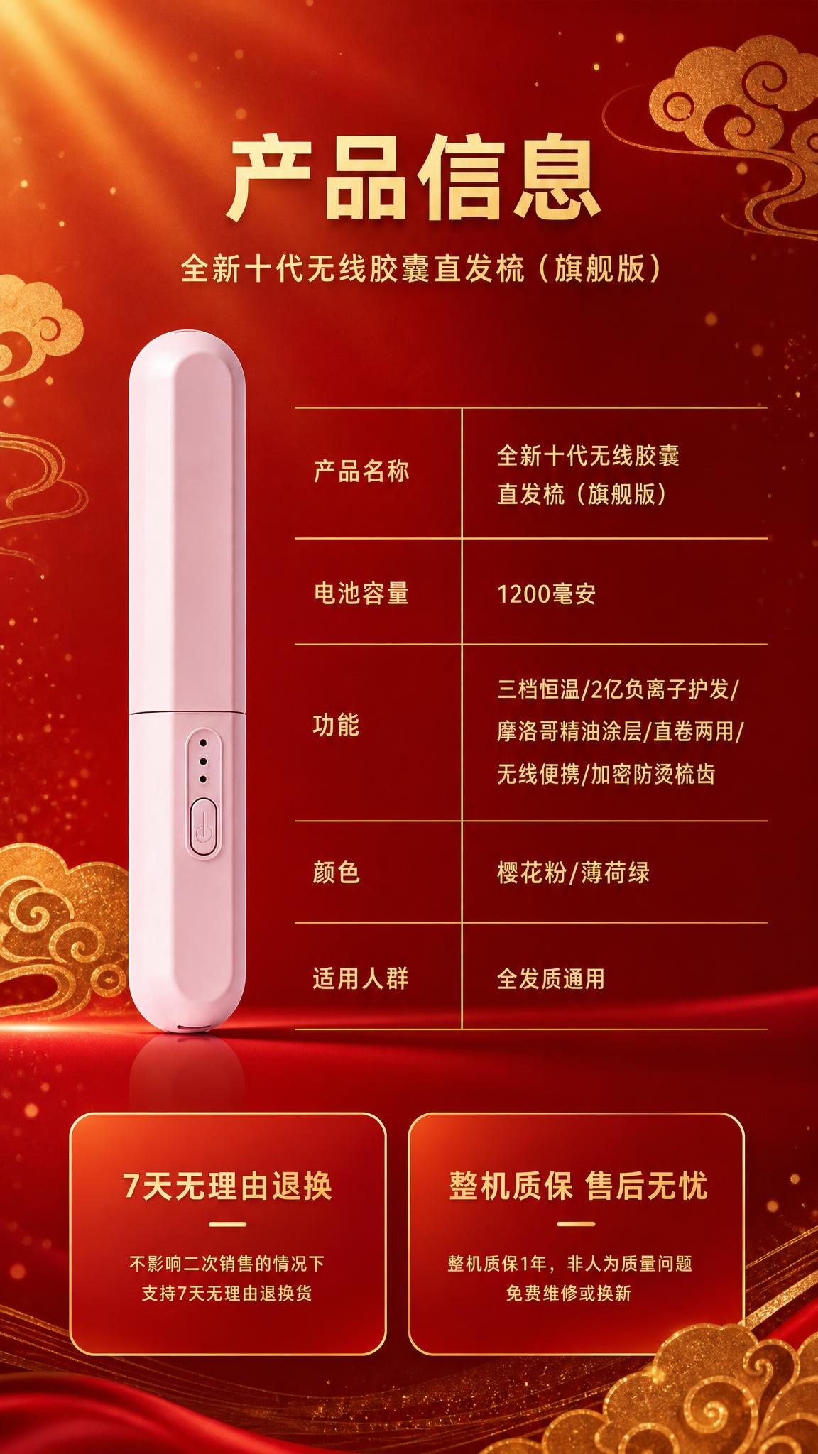 [商品] 使用【图2】粉色无线胶囊直发梳产品信息页；保留产品外… - 图片创意预览