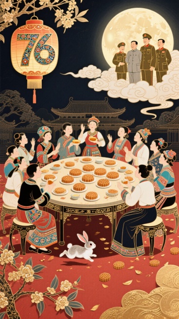 描一幅融合刺绣、皮影、螺钿漆画、铜版插画、珐琅、纸雕等非遗工艺的中秋国庆双节海报。画面中心是五十六个人分别为中国五十六个民族穿着各自的传统服装在吃月饼，赏花赏月，载歌载舞，欢声笑语，桌子上摆放着月饼，预览效果
