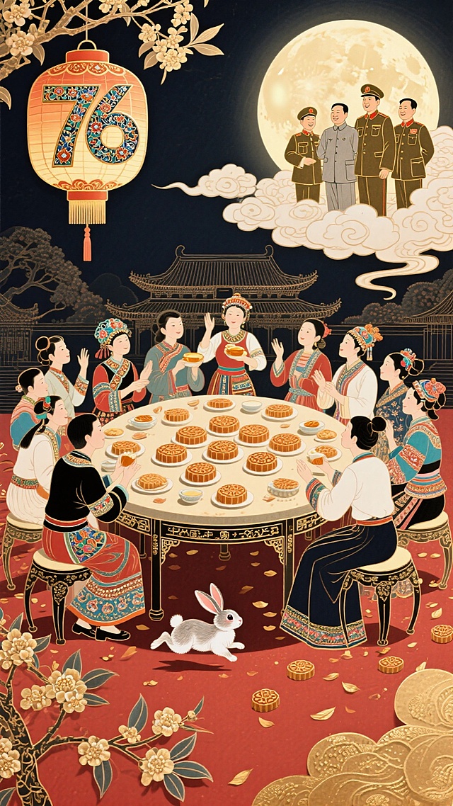 国庆意味着普天同庆，中秋意味着团圆，将各个民族的人团聚在一起共庆中秋。
仙逝的革命先辈，在国庆这一天，看到各族人民在故宫前团聚在一起，欢声笑语，共度中秋，定会欣慰。
背景为陕西皮影风格的故宫剪影，灯笼上铜版雕刻与珐琅工艺相结合，地面的桂花枝与螺钿漆画交织，很好的切合了非遗的主题。