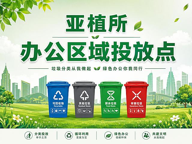 亚植所办公区域投放点海报，横版构图，清新绿色环保风格。上方醒目大字"亚植所"，中间大字"办公区域投放点"，底部绿色草地配城市建筑剪影和四个分类垃圾桶（可回收物、其他垃圾、厨余垃圾、有害垃圾），色彩明亮干净，字体清晰醒目，设计简洁专业，适合办公区域张贴