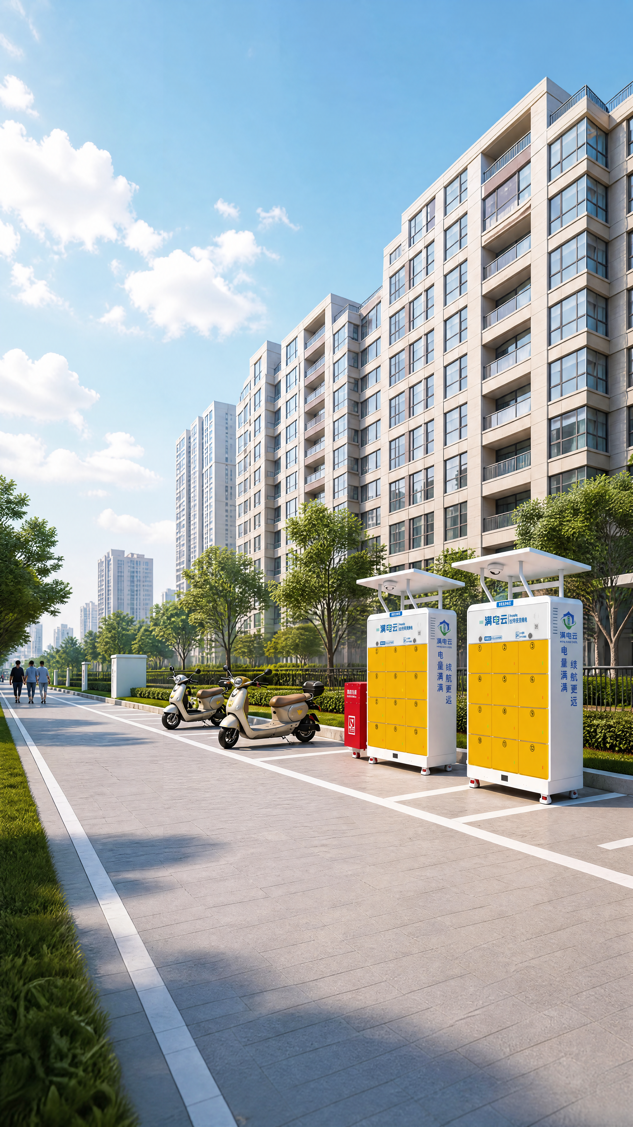 参考图中的小区户外场景，满电云换电柜、电动车、居民楼建筑、树木… - 图片创意预览